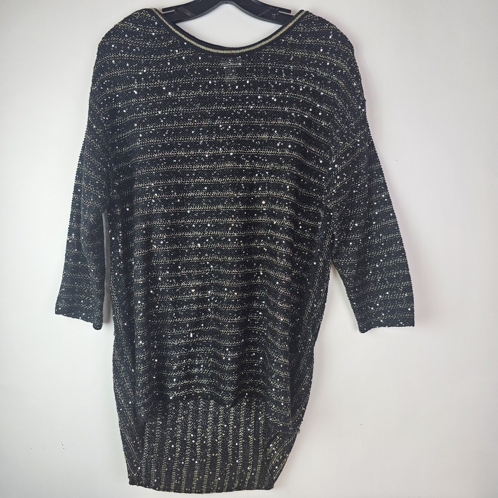 Chicos 2 Black Gold Sequin Metallic Knit High Low Long Sleeve Pullover Sweater L